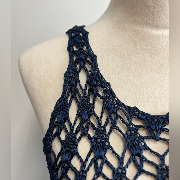 Navy Blue Heavy Knit Nylon Crochet Top Women’s Size Small Crochet Coverup - Picture 3 of 10
